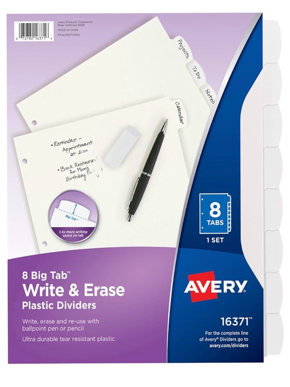 Avery 16371 Big Tab Write & Erase Plastic Dividers, 8-Tab, White, 1 Set